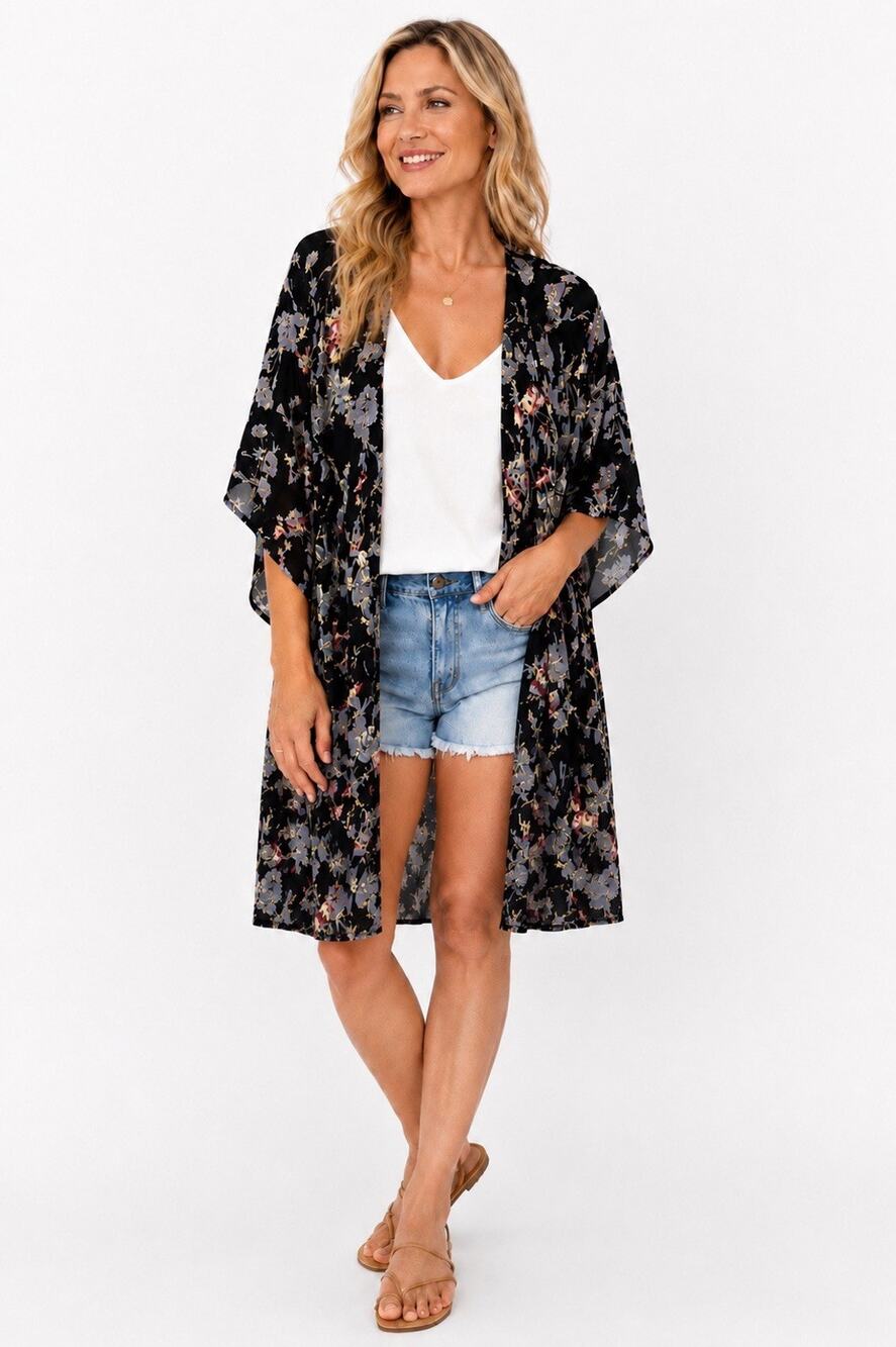Gypsy Love Kimono Cardigan Duster Black Boho Festival Size Medium Large